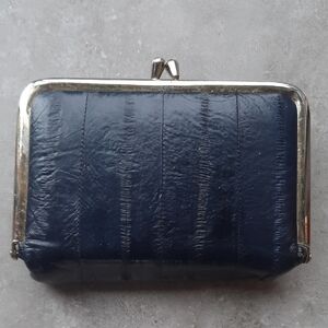 Navy Leather Clutch with Gold Accents
